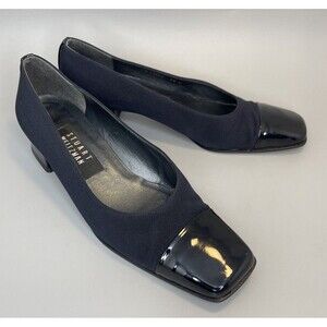 Vtg 90s Stuart Weitzman Square Toe Pumps Shoes Women 6.5 Navy Slip On Block Heel